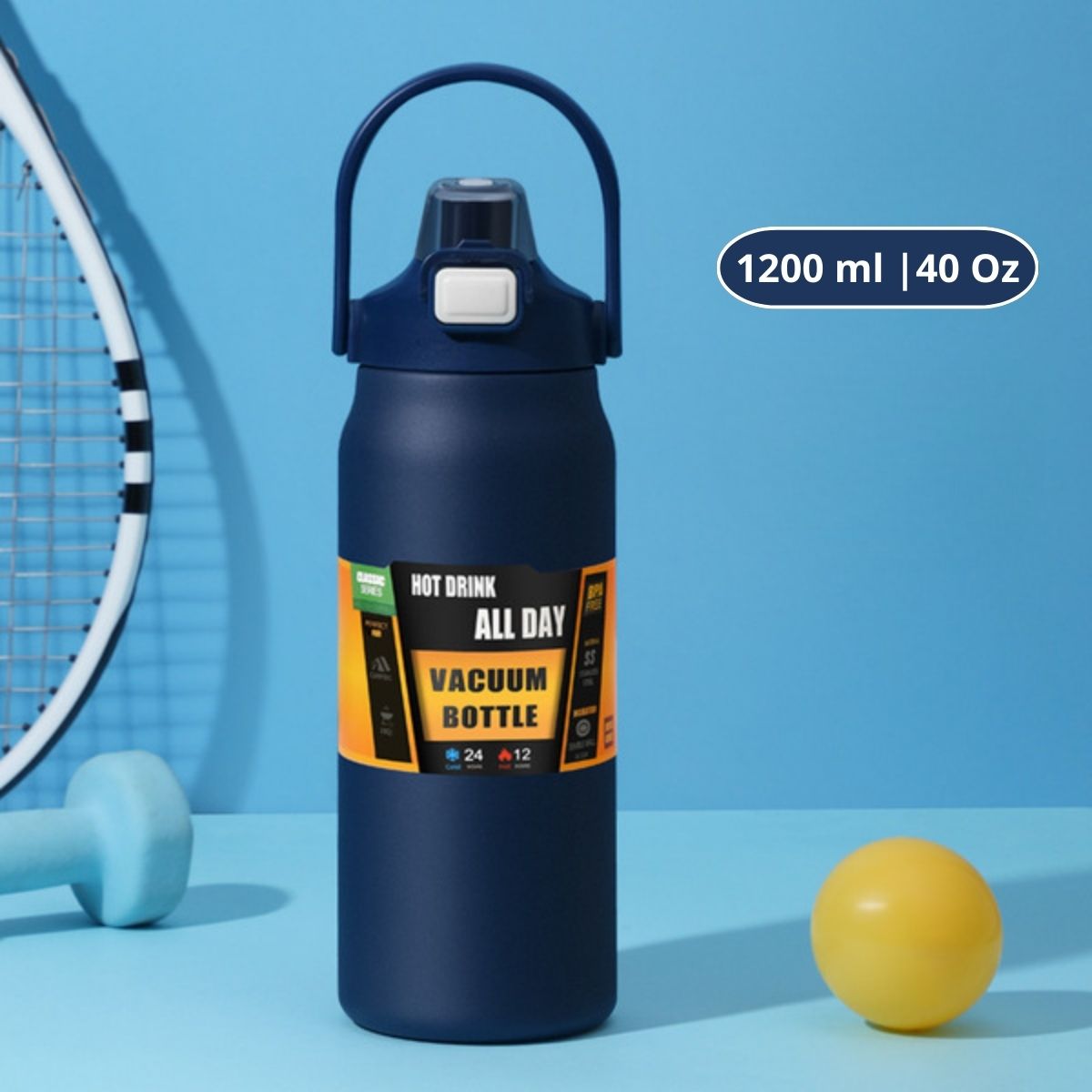 Botella De Agua Térmica. Termo Deportivo De Doble Pared De Acero Inoxidable. 1200 ml Y Soporte Para Teléfono. Color Azul Oscuro.