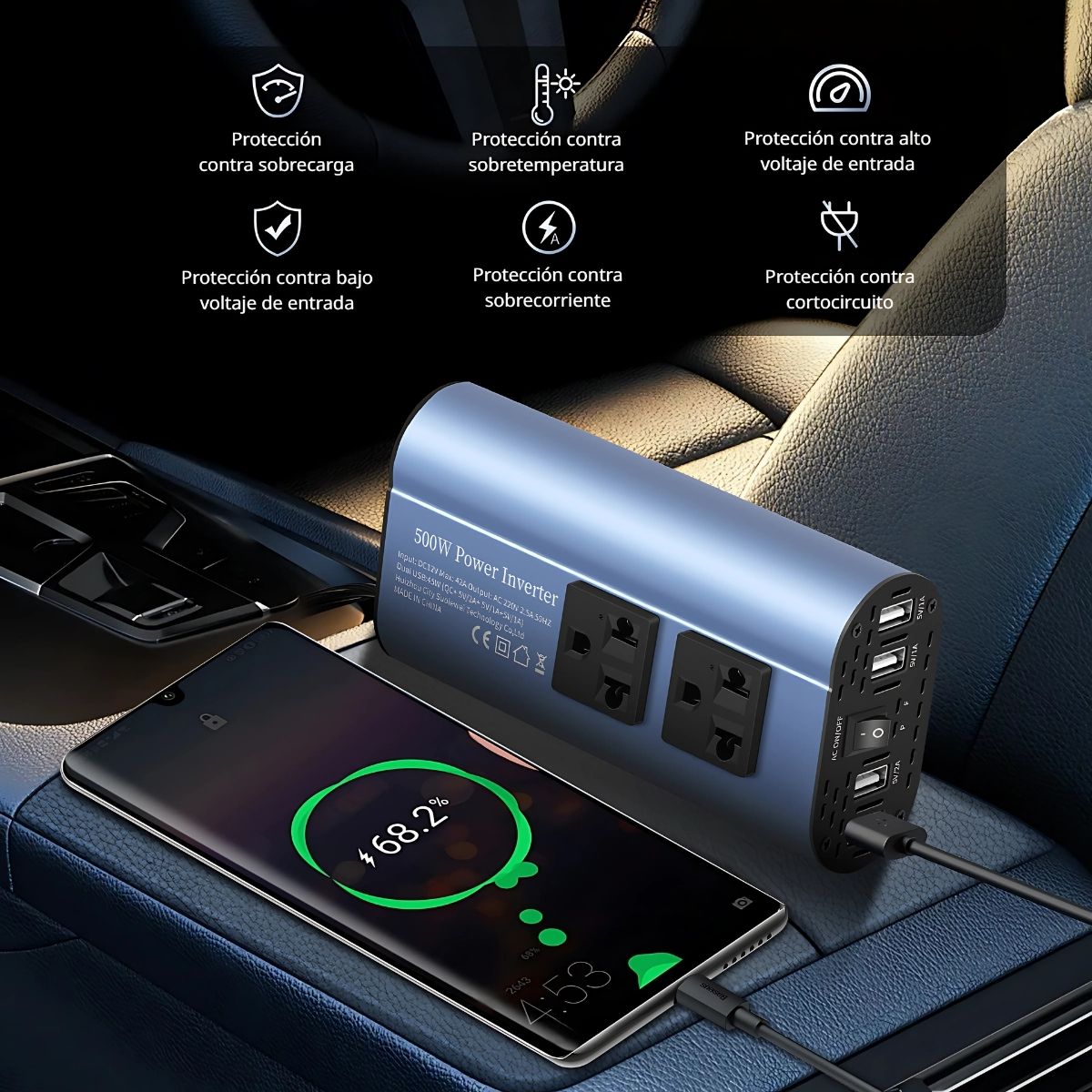 Inversor de corriente de 500W para automóvil, diseñado para convertir la energía de 12V del encendedor de cigarrillos de 500W para Auto