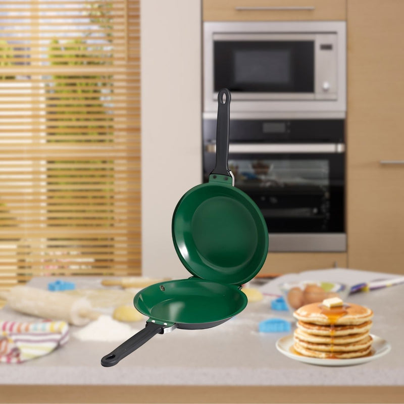Sartén Doble Antiadherente Cerámico Para Pancakes, Tortillas Y Crepes. Libre de Teflón No Tóxico. Color Verde. 18 Cm