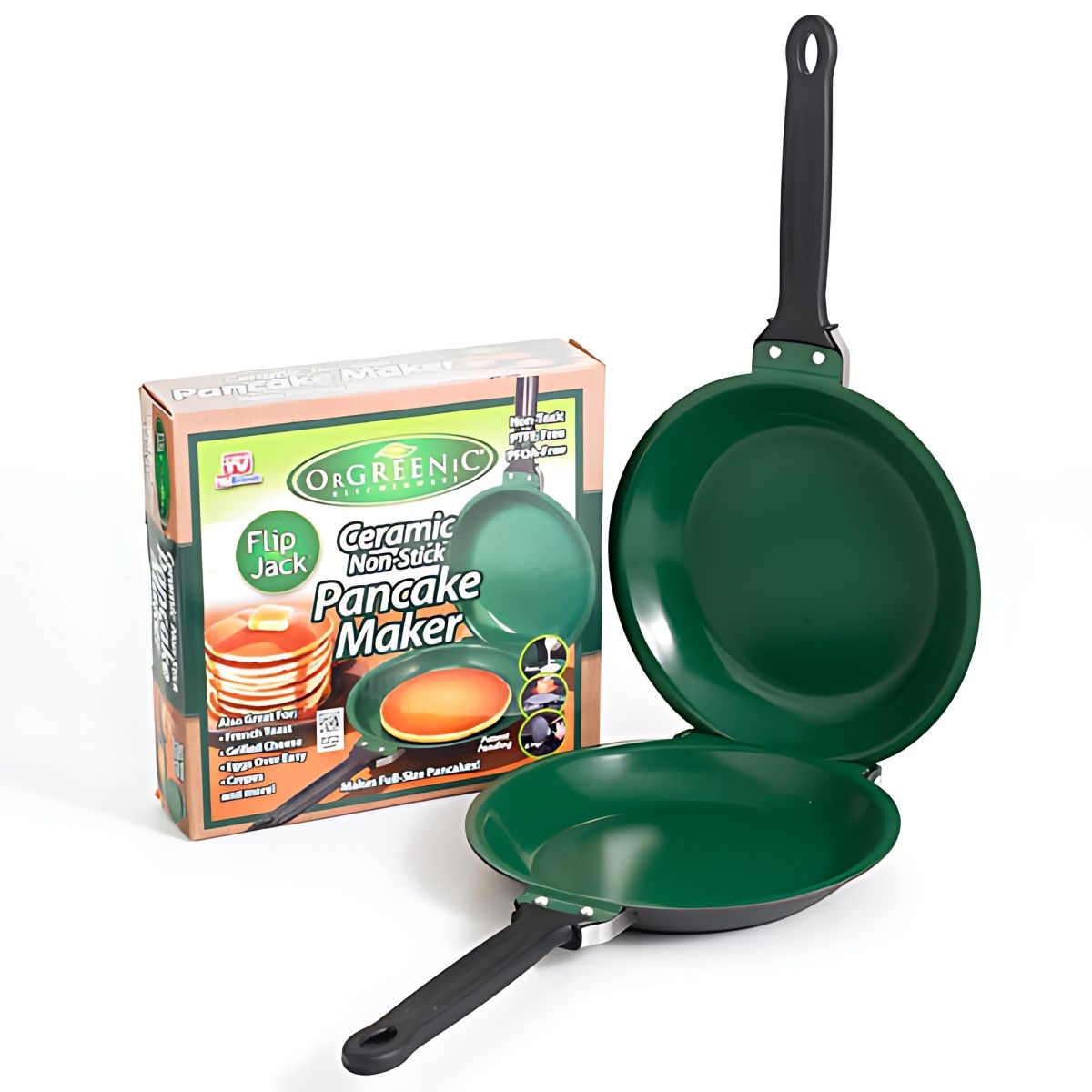 Sartén Doble Antiadherente Cerámico Para Pancakes, Tortillas Y Crepes. Libre de Teflón No Tóxico. Color Verde. 18 Cm