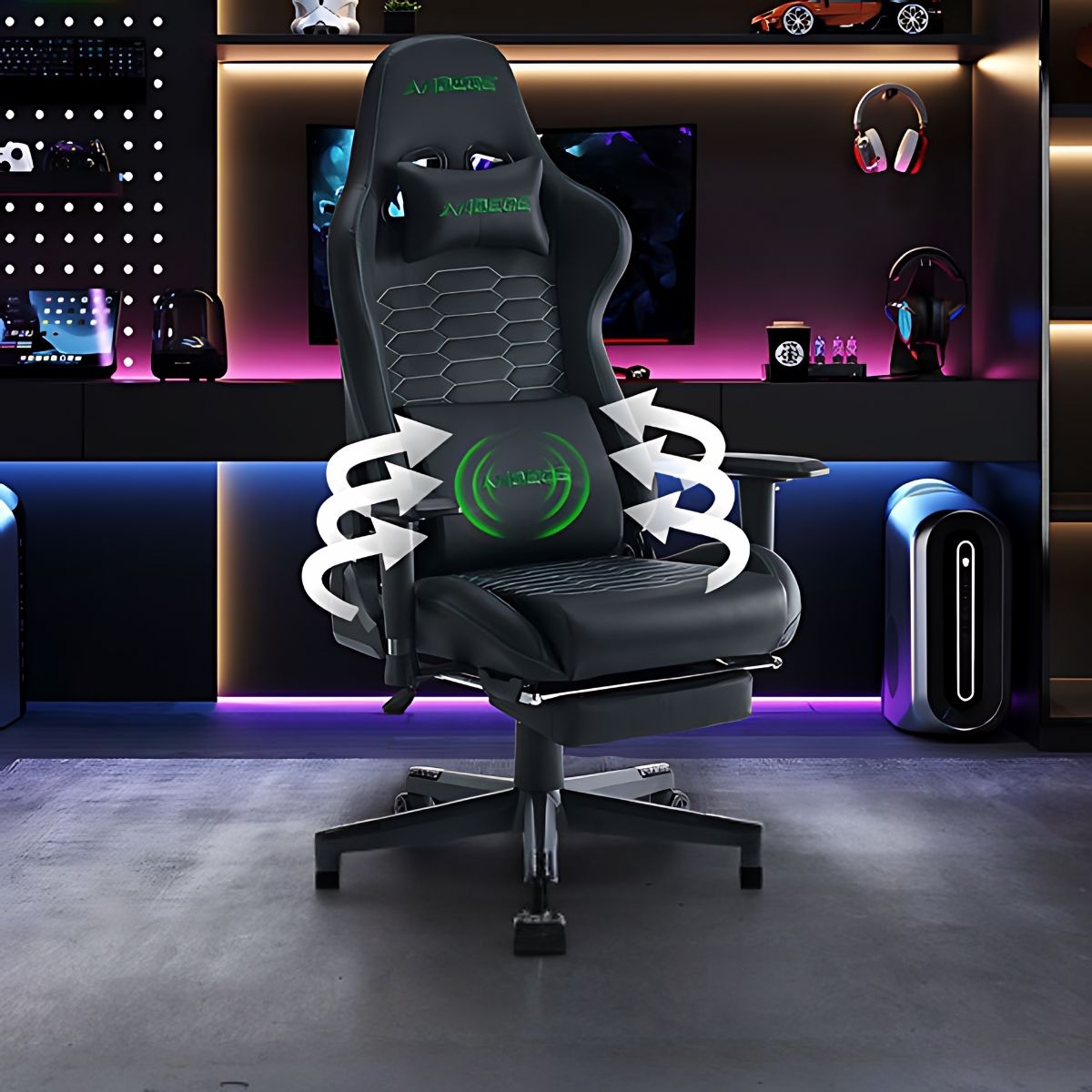 Silla Gamer Ergonómica Con Cojín Lumbar Reclinable Y Reposapiés. Color Negro.