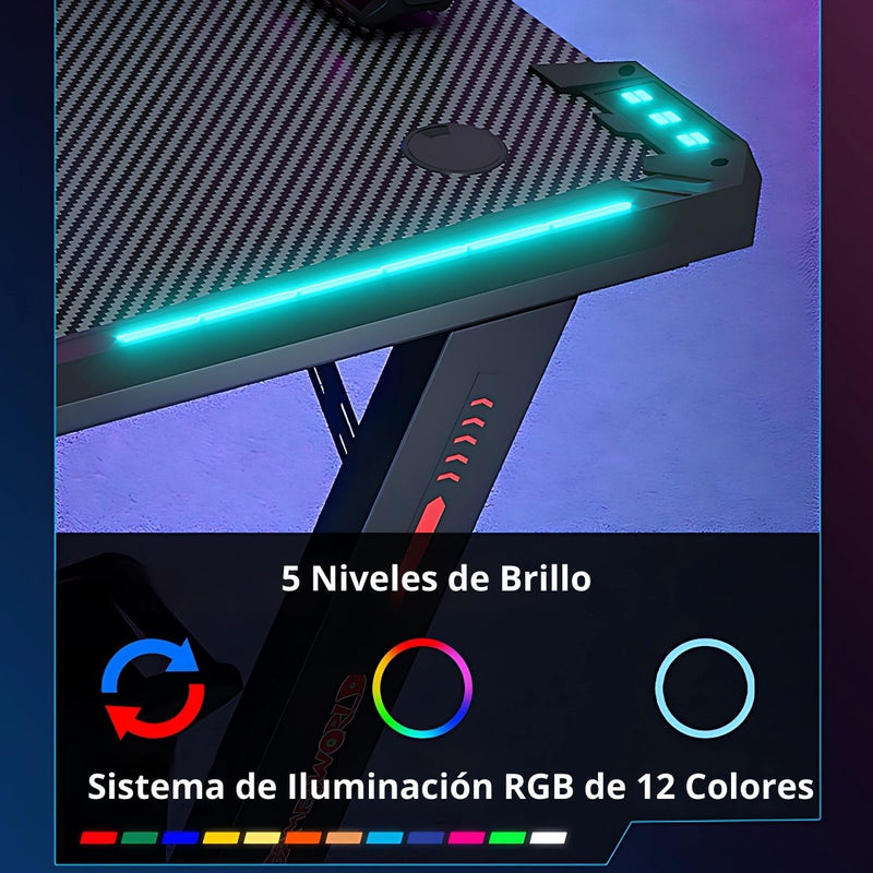 Mesa Escritorio Gamer Con Iluminación RGB, Fibra De Carbono. Posavasos y Soporte Para Auriculares. Negro y Rojo.100x160x74 cm. Gaming