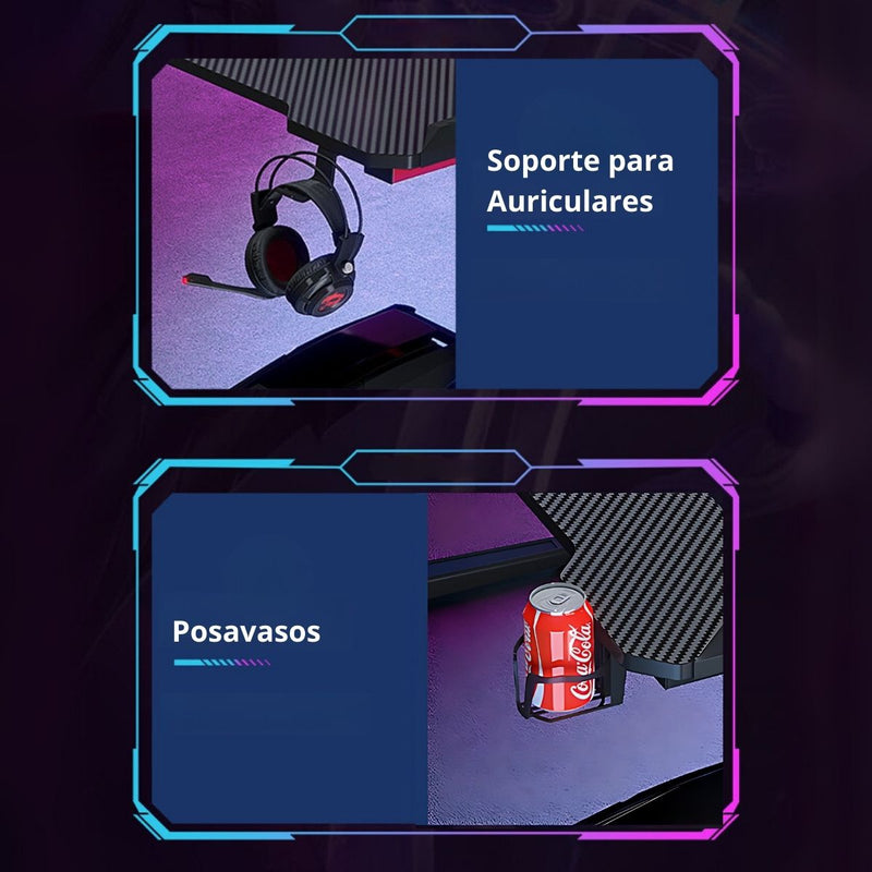 Escritorio Mesa Gamer Con Iluminación RGB, Fibra De Carbono. Posavasos y Soporte Para Auriculares. 120x160x74 cm Gaming