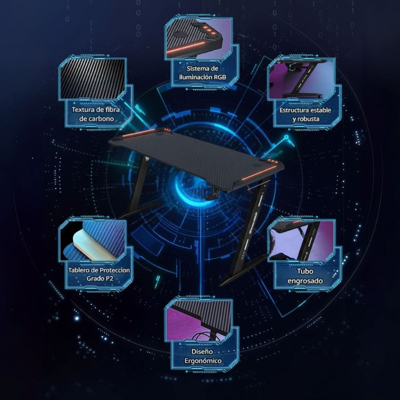 Escritorio Mesa Gamer Con Iluminación RGB, Fibra De Carbono. Posavasos y Soporte Para Auriculares. 120x160x74 cm Gaming