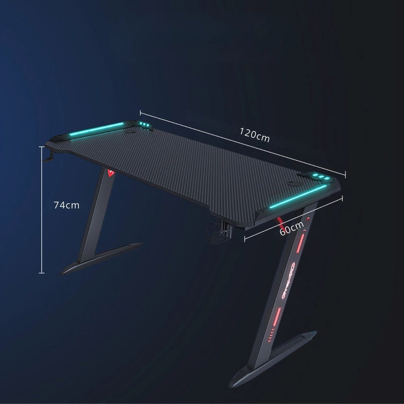 Escritorio Mesa Gamer Con Iluminación RGB, Fibra De Carbono. Posavasos y Soporte Para Auriculares. 120x160x74 cm Gaming