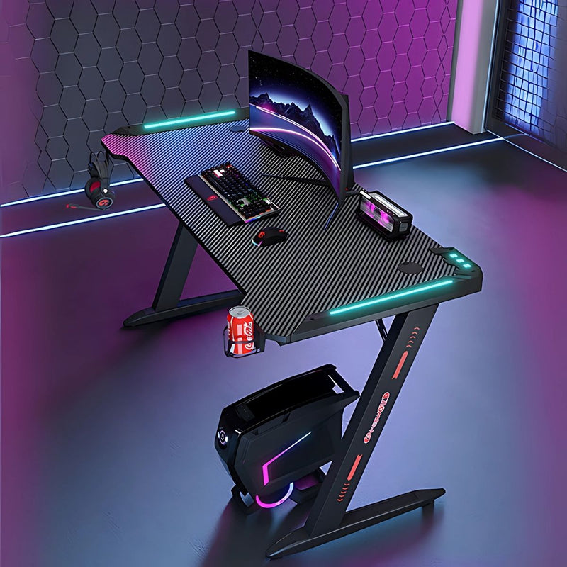 Escritorio Mesa Gamer Con Iluminación RGB, Fibra De Carbono. Posavasos y Soporte Para Auriculares. 120x160x74 cm Gaming