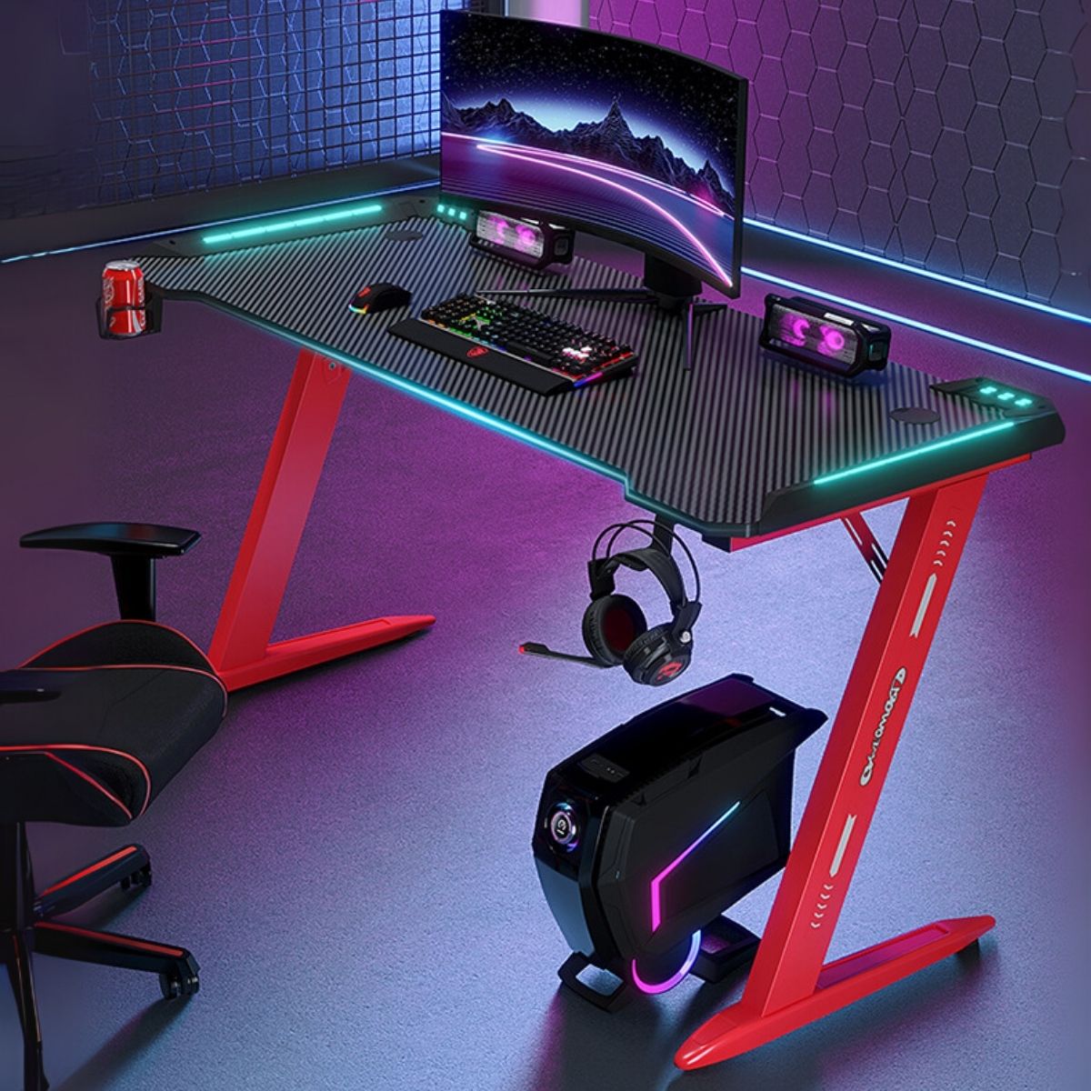 Mesa Escritorio Gamer Con Iluminación RGB, Fibra De Carbono. Posavasos y Soporte Para Auriculares. Negro y Rojo.100x160x74 cm. Gaming