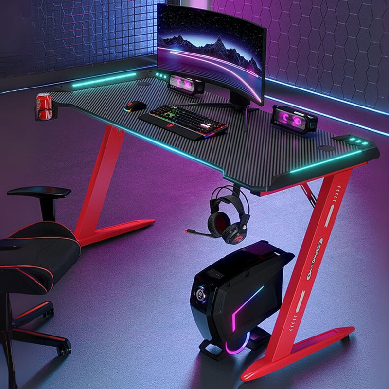 Mesa Escritorio Gamer Con Iluminación RGB, Fibra De Carbono. Posavasos y Soporte Para Auriculares. Negro y Rojo.100x160x74 cm. Gaming