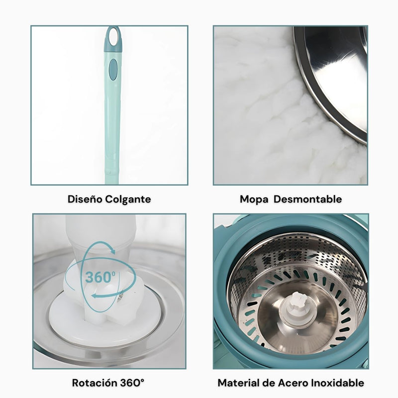 Trapeador Giratorio spin mop 360° con Cubo Escurridor de Acero Inoxidable. Lampazo con Mango Ajustable 94 a 125 cm. Color Verde. (Modelo Económico)