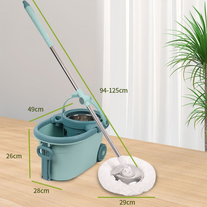 Trapeador Giratorio spin mop 360° con Cubo Escurridor de Acero Inoxidable. Lampazo con Mango Ajustable 94 a 125 cm. Color Verde. (Modelo Económico)