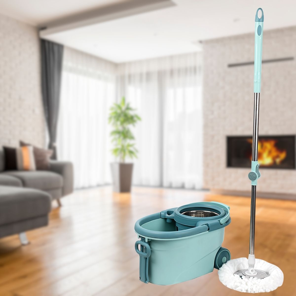 Trapeador Giratorio spin mop 360° con Cubo Escurridor de Acero Inoxidable. Lampazo con Mango Ajustable 94 a 125 cm. Color Verde. (Modelo Económico)