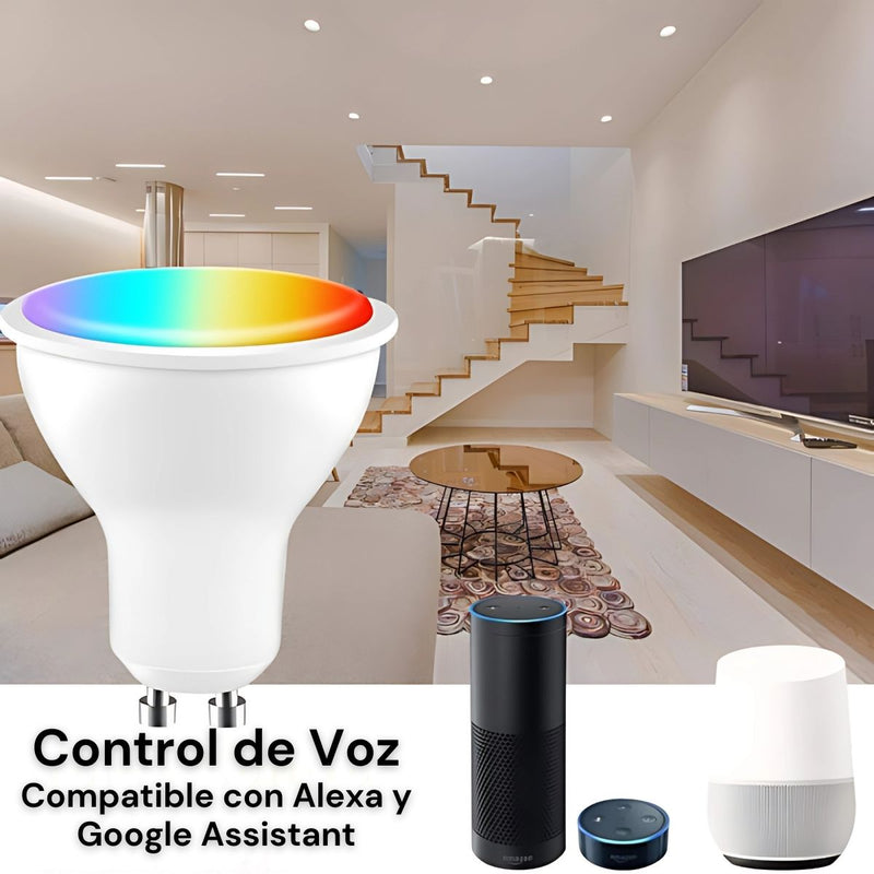 Foco LED Inteligente GU10 RGB Con App y Control Remoto 5W. Bombilla Regulable Con WiFi+Bluetooth Compatible con Alexa y Google Assistant. Bombillos