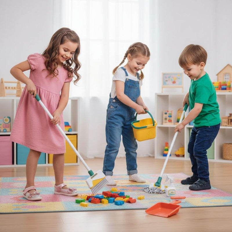 Juguete Juego De Herramientas De Limpieza Infantil. (Set de 8 piezas). Color Verde.