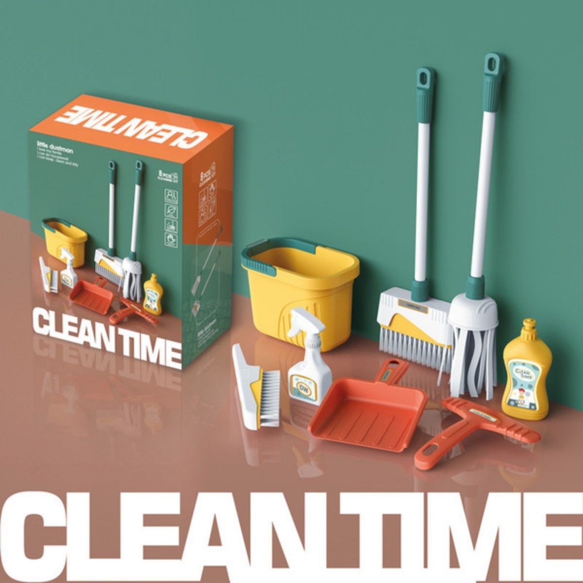 Juguete Juego De Herramientas De Limpieza Infantil. (Set de 8 piezas). Color Verde.