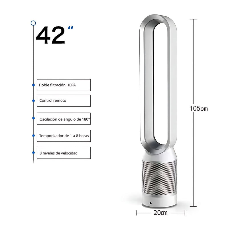 Abanico Sin Aspas Y Purificador De Aire Con Control Remoto. Ventilador de Torre Con Filtro. 42". 105x20 cm. Color silver