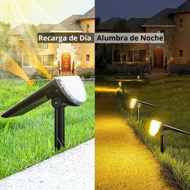Foco Solar LED Exterior Resistente al Agua Con Cabezal Ajustable. Lámpara Para Jardín Luz Cálida Autorecargable. (hasta 10 horas)