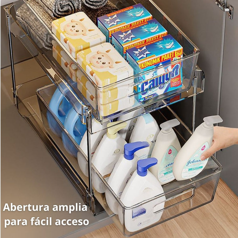 Organizador De Cocina Y Baño De 2 Niveles Con Cajones Deslizantes. Estante De Almacenamiento Para Fregador 28.9x17cm. Transparente.