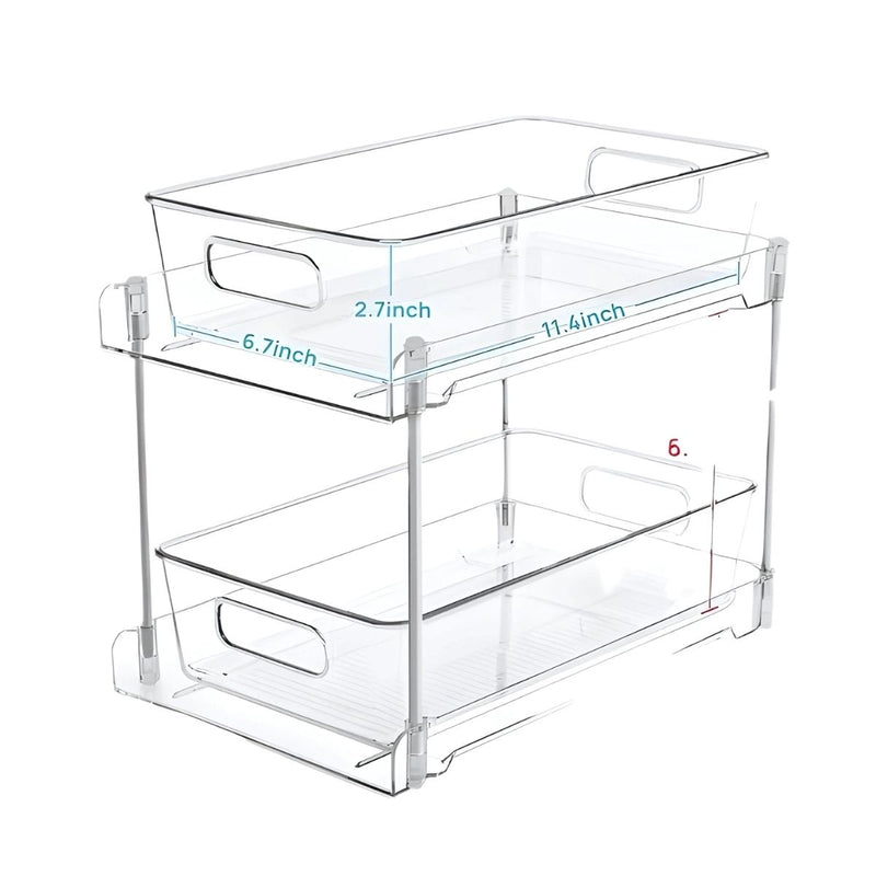 Organizador De Cocina Y Baño De 2 Niveles Con Cajones Deslizantes. Estante De Almacenamiento Para Fregador 28.9x17cm. Transparente.