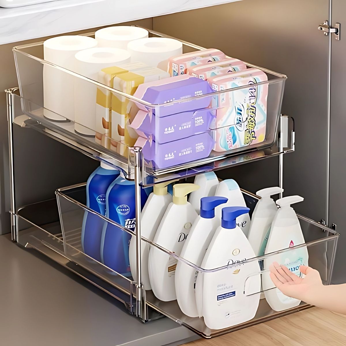 Organizador De Cocina Y Baño De 2 Niveles Con Cajones Deslizantes. Estante De Almacenamiento Para Fregador 28.9x17cm. Transparente.