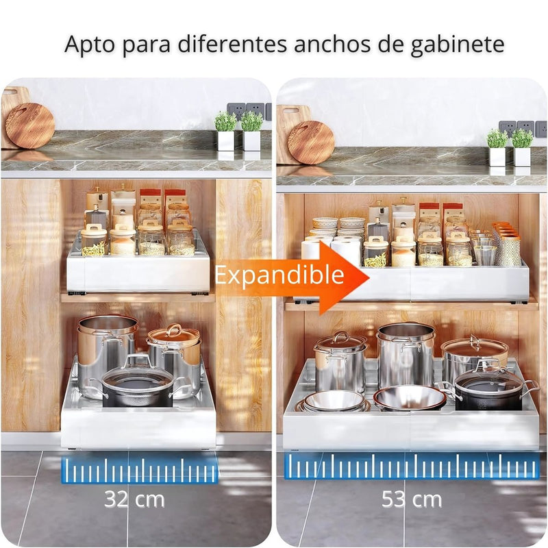 Gavetero Organizador De Cocina Expandible Y Extraíble De Acero Para Latas, Platos Y Despensa. 32 a 53cm de ancho x42.5cm profundo. Color Blanco. 1 Unidad