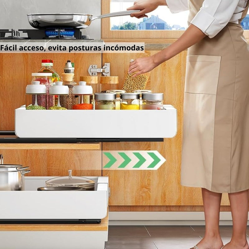Gavetero Organizador De Cocina Expandible Y Extraíble De Acero Para Latas, Platos Y Despensa. 32 a 53cm de ancho x42.5cm profundo. Color Blanco. 1 Unidad