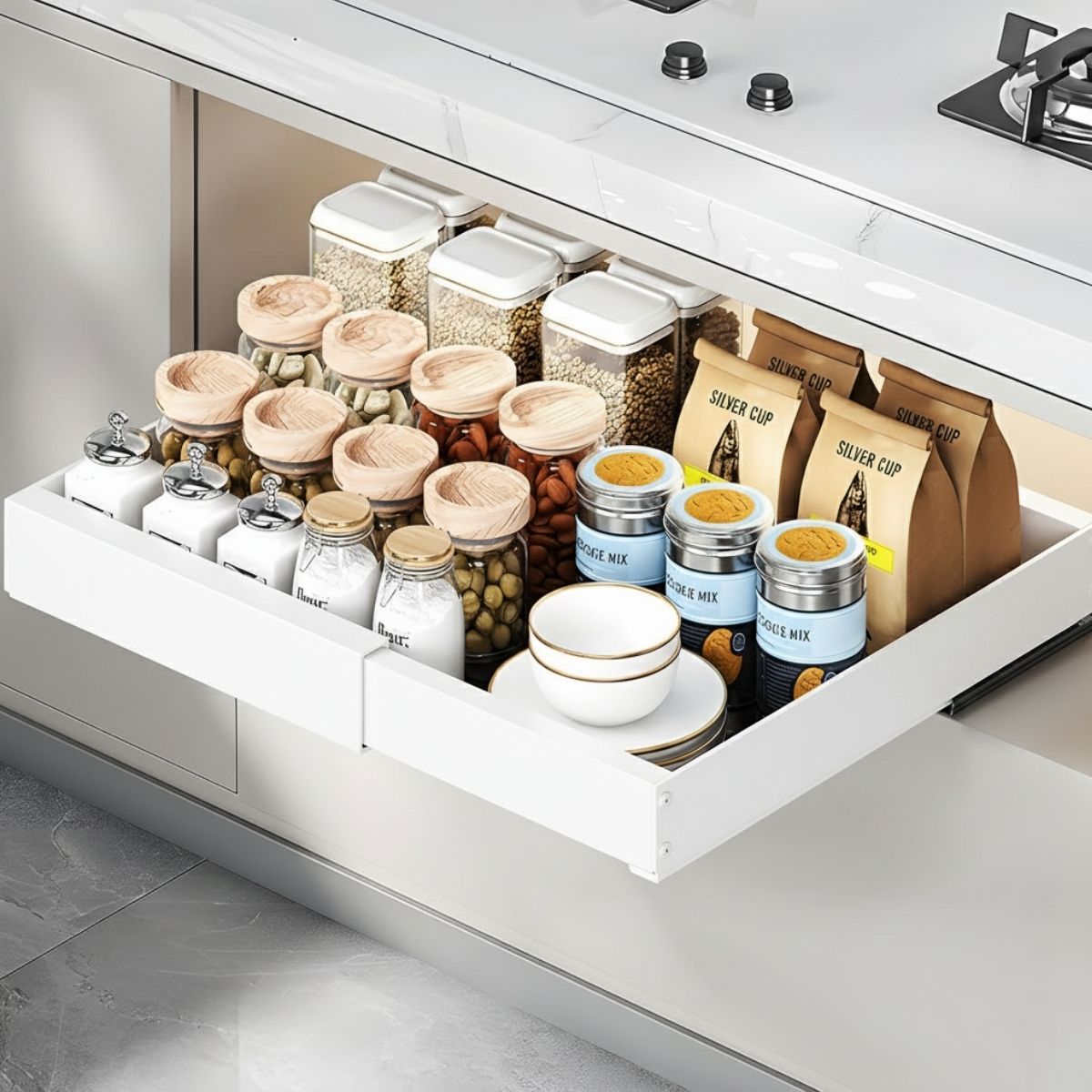 Gavetero Organizador De Cocina Expandible Y Extraíble De Acero Para Latas, Platos Y Despensa. 32 a 53cm de ancho x42.5cm profundo. Color Blanco. 1 Unidad