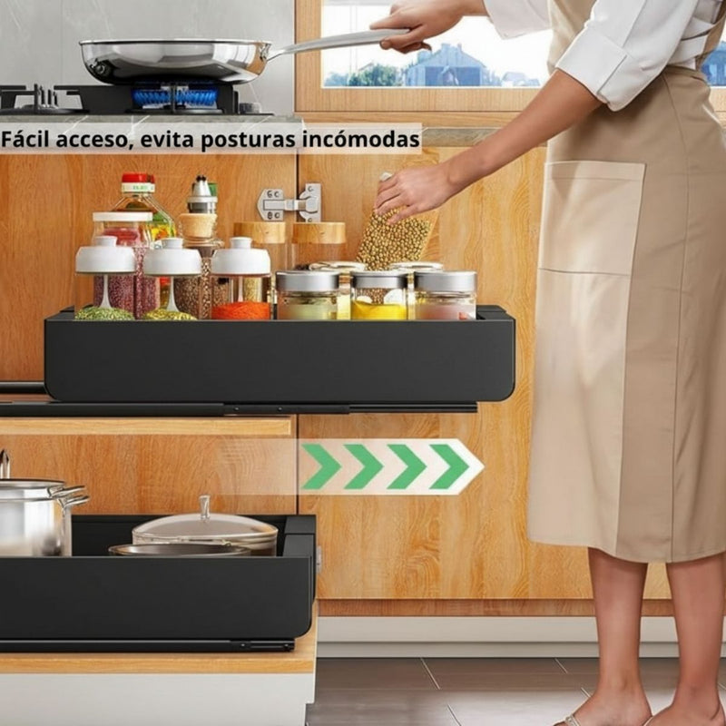 Organizador gaveta De Cocina Expandible Y Extraíble De Acero Para Latas, Platos Y Despensa. 32 a 53cm de ancho x42.5cm profundo. Color Negro. 1 Unidad