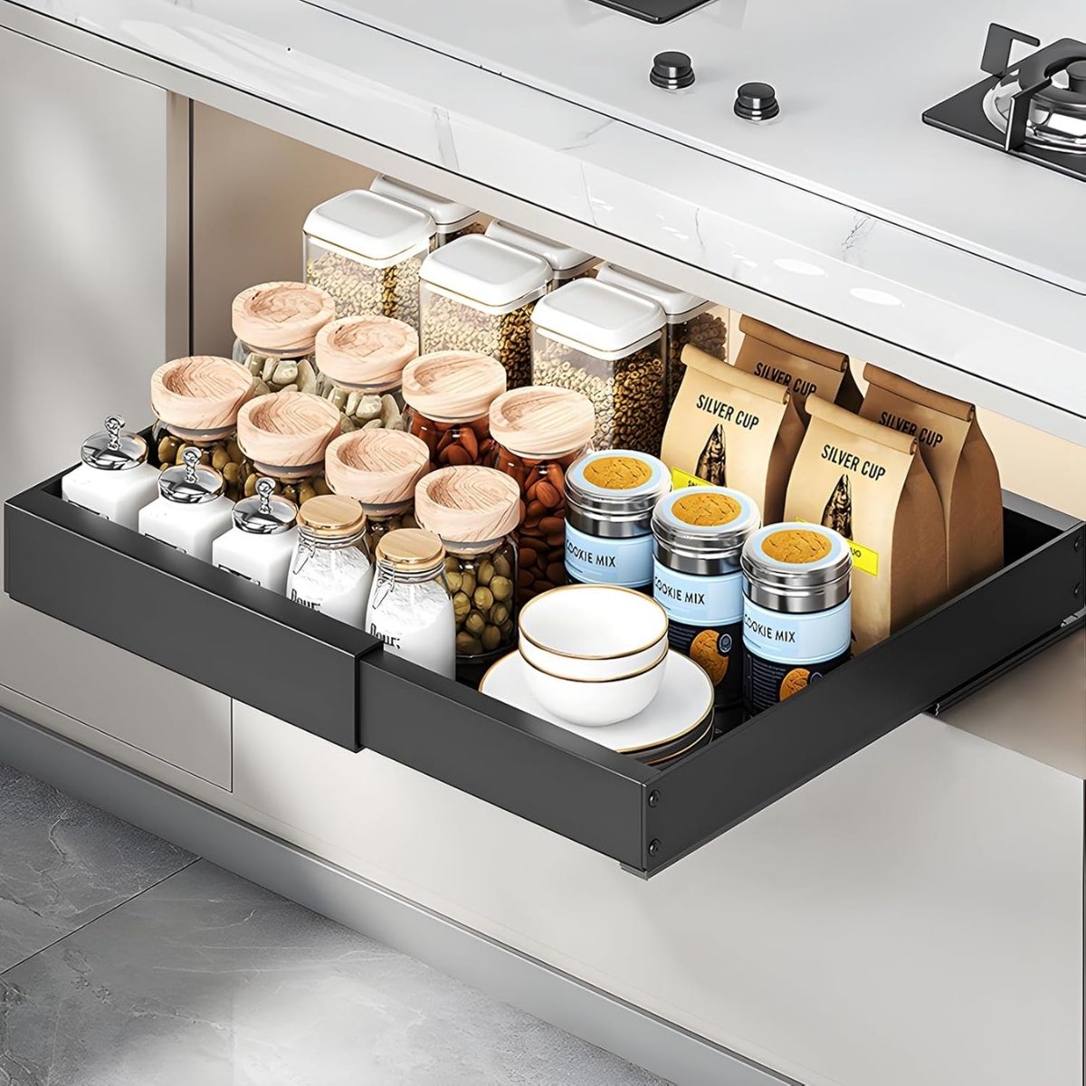 Organizador gaveta De Cocina Expandible Y Extraíble De Acero Para Latas, Platos Y Despensa. 32 a 53cm de ancho x42.5cm profundo. Color Negro. 1 Unidad