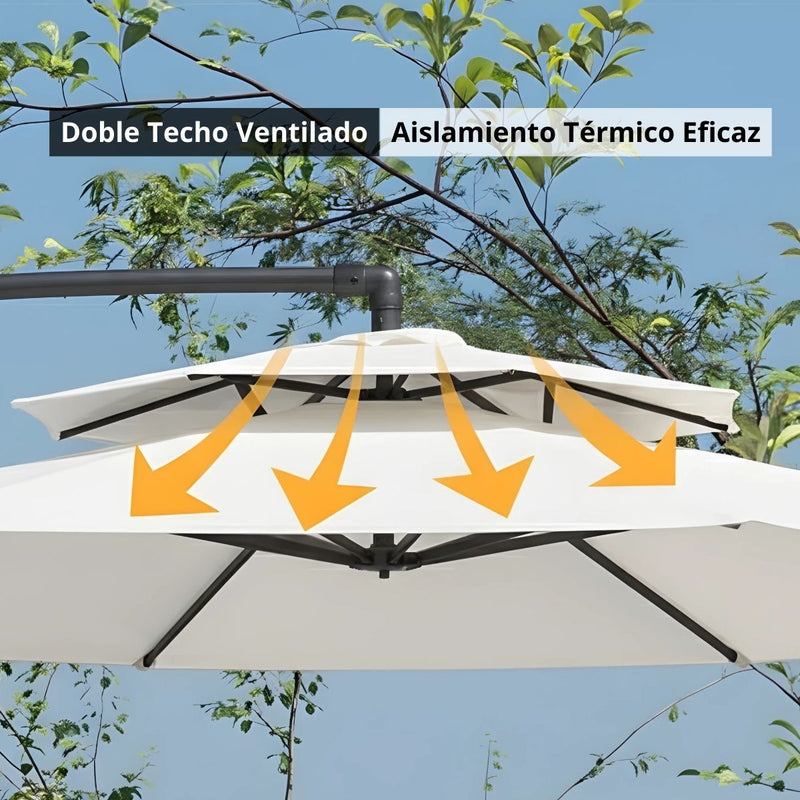 Sombrilla De Patio 2.7 mts Lona anti-UV Con Base Pesada de agua. Paraguas Para Jardín Exteriores Voladizo Con Doble Capa Superior. Color Blanco.