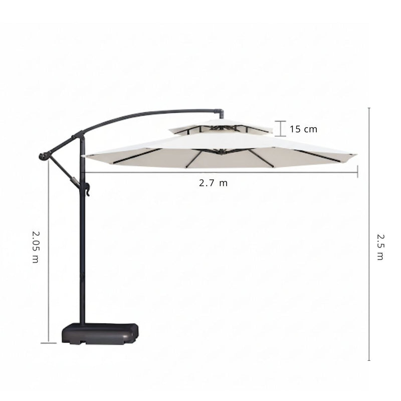 Sombrilla De Patio 2.7 mts Lona anti-UV Con Base Pesada de agua. Paraguas Para Jardín Exteriores Voladizo Con Doble Capa Superior. Color Blanco.
