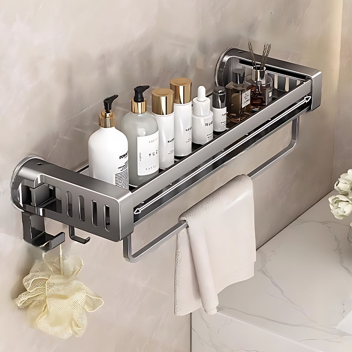 Repisas De Aluminio Con Ventosa Para Baño. Estante Flotante De Ducha. Color Gris.