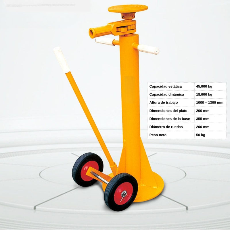 Gato Mecánico De Tornillo Manual Con Ruedas para sostener contenedores. Capacidad 25 Ton. Gato de Soporte Altura Min: 1000 Max:1300 mm.