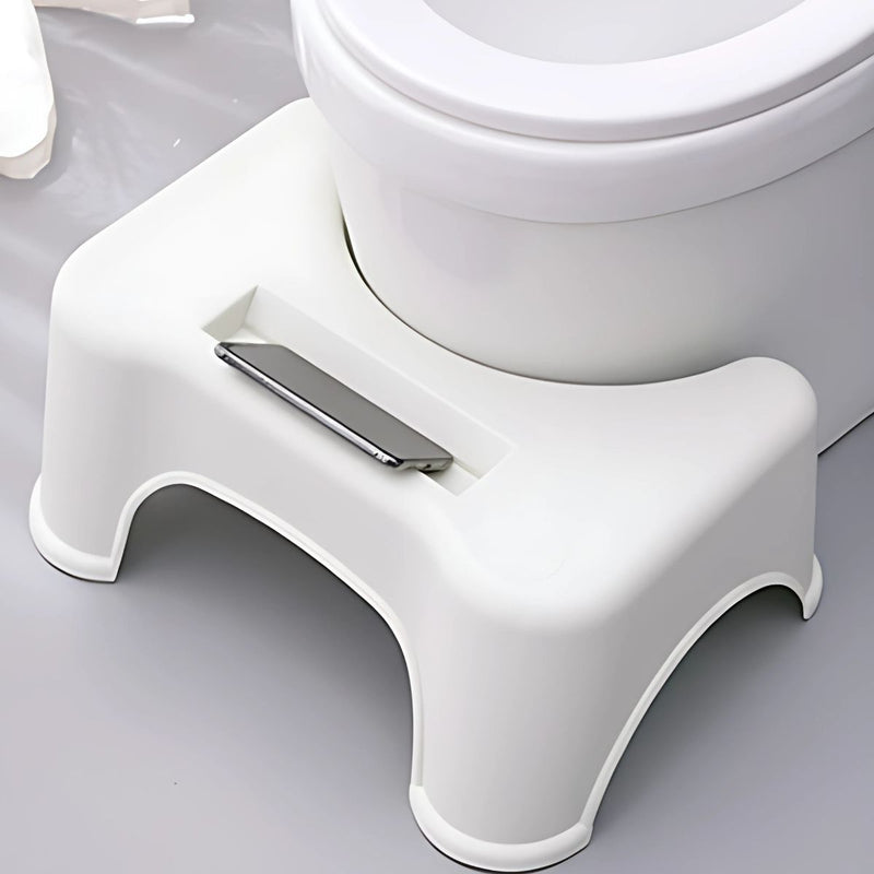 Banquito Para Inodoro con Ranura Porta Celular. Taburete Ergonómico De Plástico Para el Baño. Escabel Antideslizante 44x32x18 cm Color Blanco.