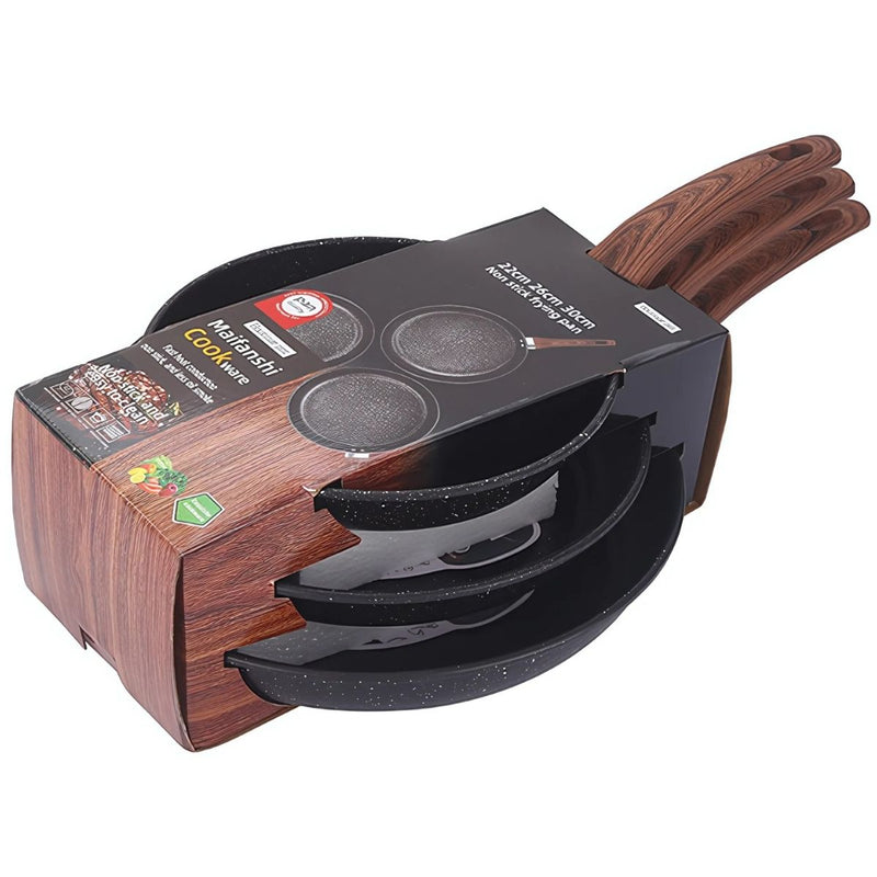 Sartenes Antiadherentes De Piedra de Maifán (Set de 3 unds) Tamaños 8.7" 10.2" Y 11.8" (22,26,30cm) Con Mango Efecto Madera.