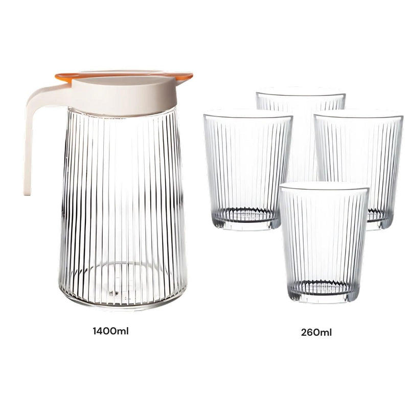Jarra De Vidrio 1.4 L Con Tapa Antigoteo Y 4 Vasos de vidrio (260 ml).