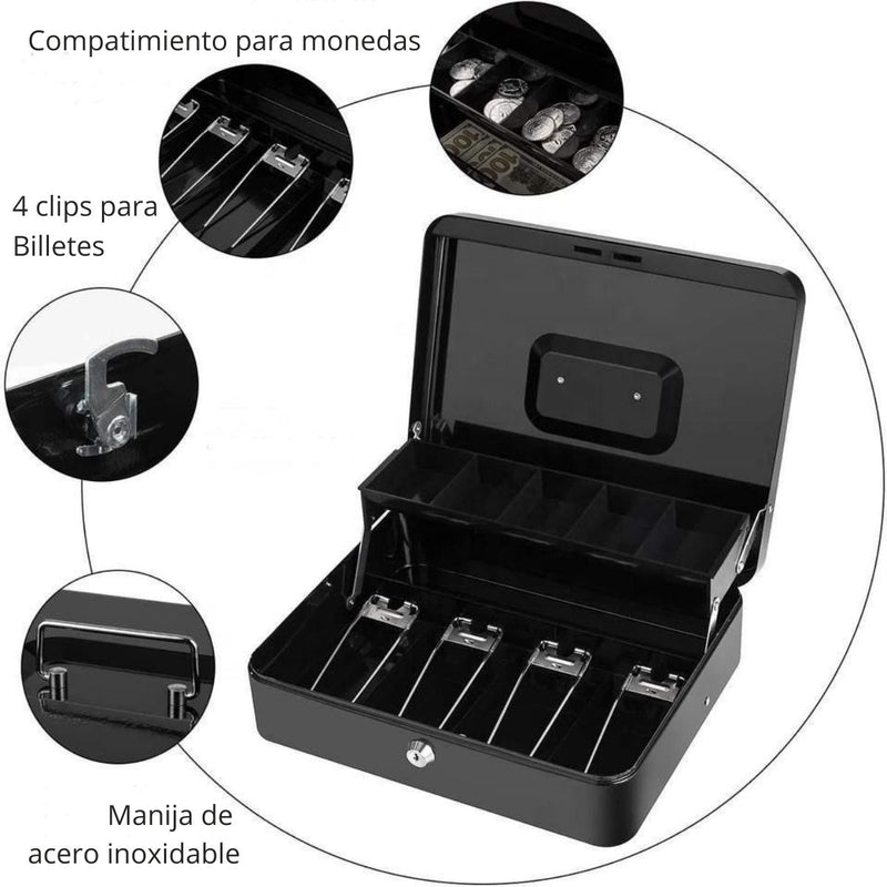 Caja Menuda Con Llave Y Bandeja De Monedas. Caja Chica Para Organizar Billetes 11.8"x9.4"x3.5" (30x24x9 cms). Color Negro.