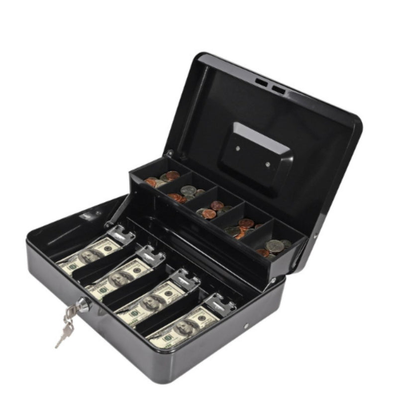 Caja Menuda Con Llave Y Bandeja De Monedas. Caja Chica Para Organizar Billetes 11.8"x9.4"x3.5" (30x24x9 cms). Color Negro.