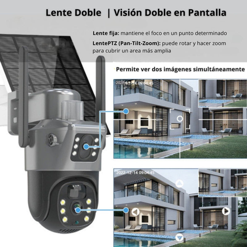 Cámara De Seguridad Solar Wifi Con Doble Lente Y Visión Nocturna 30M. Cámara de Videovigilancia A Prueba de Agua. 12000 mAh