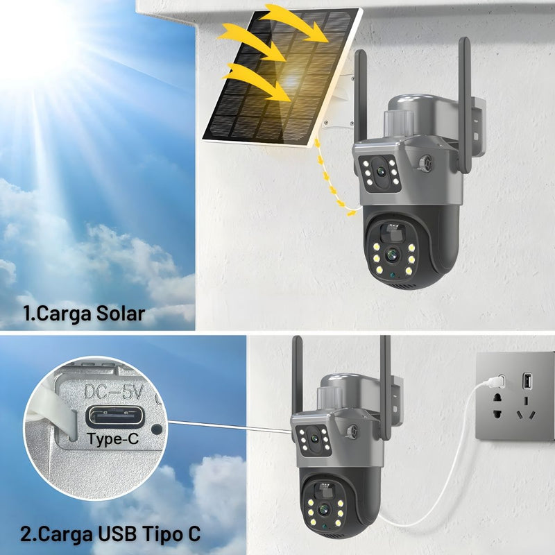 Cámara De Seguridad Solar Wifi Con Doble Lente Y Visión Nocturna 30M. Cámara de Videovigilancia A Prueba de Agua. 12000 mAh