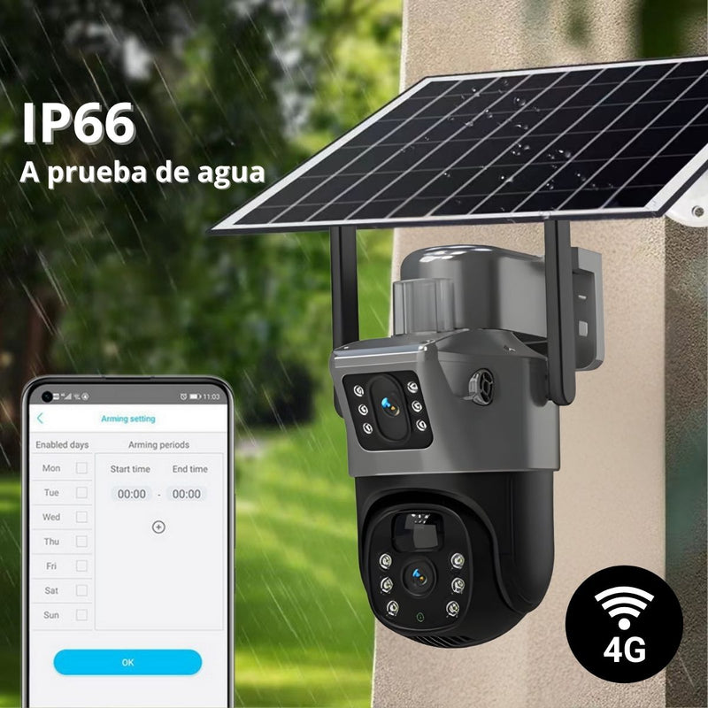 Cámara De Seguridad Solar 4G (funciona con sim card) Con Doble Lente Y Visión Nocturna 30M. Cámara de Videovigilancia A Prueba de Agua. 12000 mAh