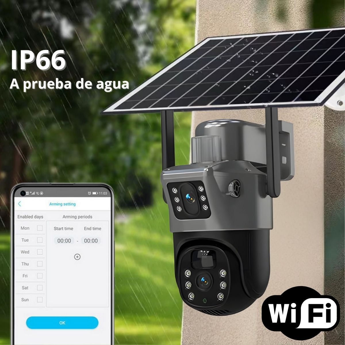 Cámara De Seguridad Solar Wifi Con Doble Lente Y Visión Nocturna 30M. Cámara de Videovigilancia A Prueba de Agua. 12000 mAh