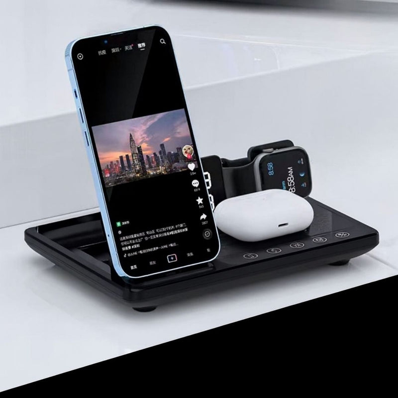 Cargador Inalámbrico Base de carga 4 En 1 De 30W Para telefonos reloj inteligente Y audifonos AirPods. Color Negro. Universal carga con todos