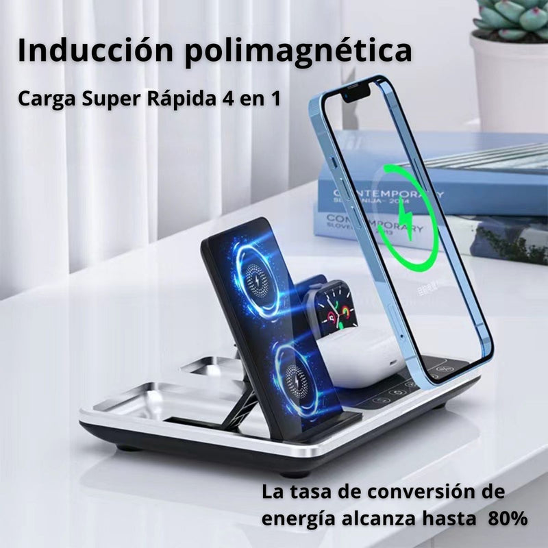 Cargador Inalámbrico Base de carga 4 En 1 De 30W Para telefonos reloj inteligente Y audifonos AirPods. Color Negro. Universal carga con todos