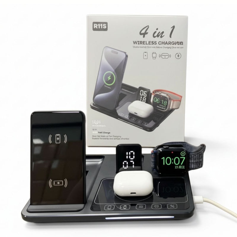 Cargador Inalámbrico Base de carga 4 En 1 De 30W Para telefonos reloj inteligente Y audifonos AirPods. Color Negro. Universal carga con todos