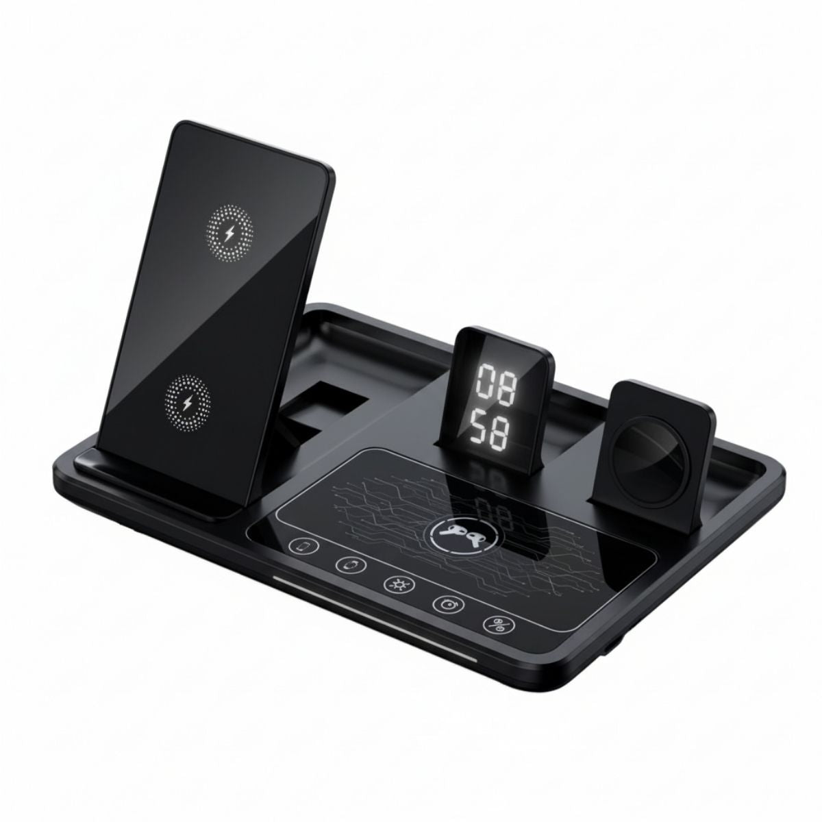 Cargador Inalámbrico Base de carga 4 En 1 De 30W Para telefonos reloj inteligente Y audifonos AirPods. Color Negro. Universal carga con todos