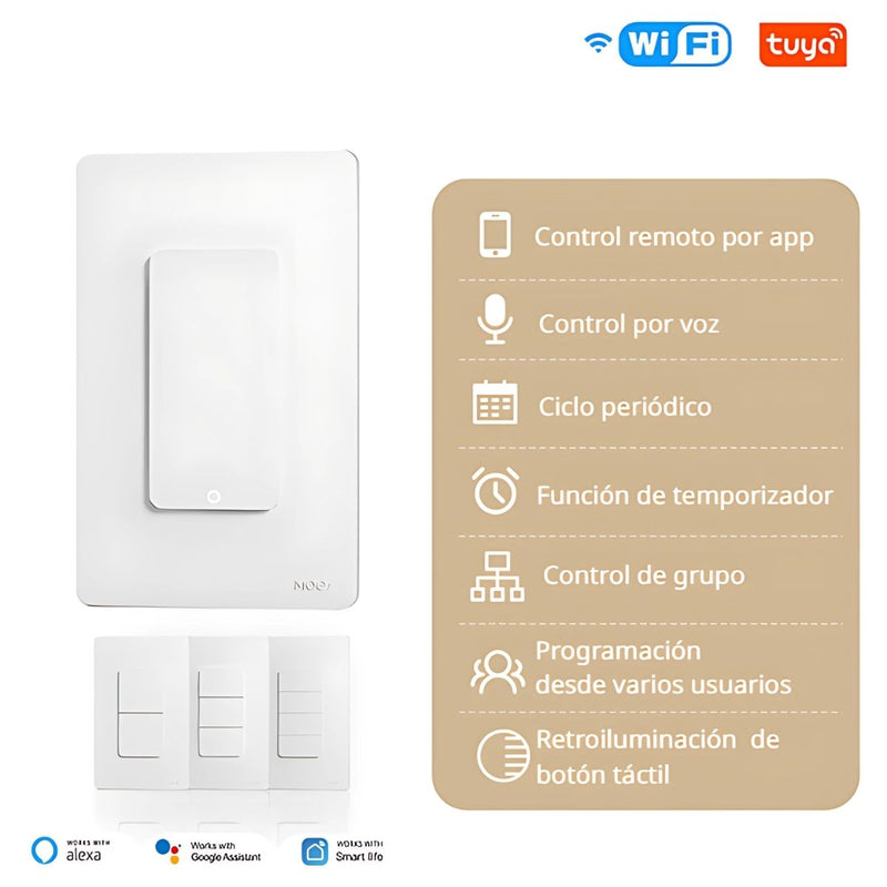 Interruptor Inteligente Wifi De Pared Con Neutro Compatible Con Alexa Y Google Assistant.10A. 90-240V. 50-60 Hz