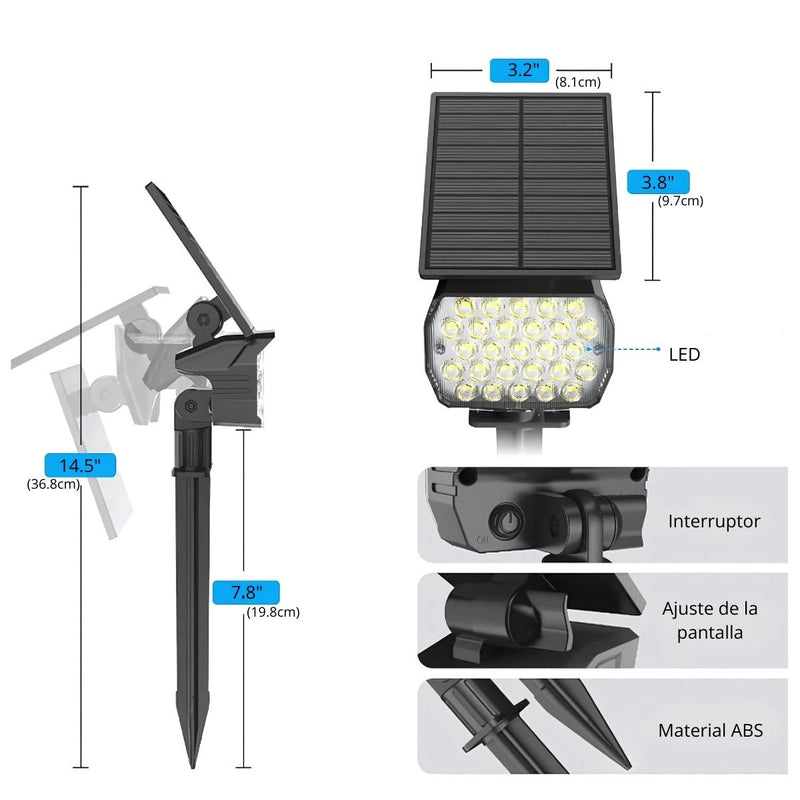 Lampara Solar LED Para Césped Tipo Estaca (6 Unds) Foco Con Panel Solar Integrado Para Jardín IP67 Resiste al agua. (Luz Blanca). 3W. 3.7V.
