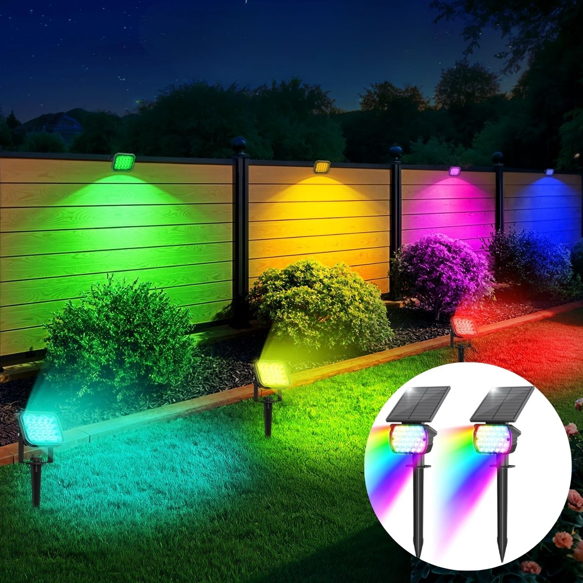 Lampara Solar LED RGB Para Césped Tipo Estaca. (2 Unds) Foco Con Panel Solar Integrado Color Negro De ABS. Para Jardín IP67 Resiste al agua. 3W. 3.7V.