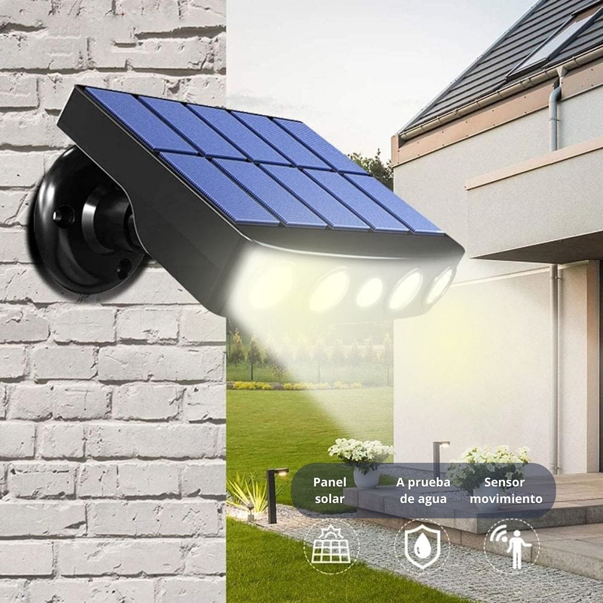Lámpara Solar LED IP65 Cobertura 50M² 120º Con Sensor De Movimiento. Foco Con Panel Solar Para Exteriores. Luz Cálida. 5v. 300MA.1200 mAh. Color Negro