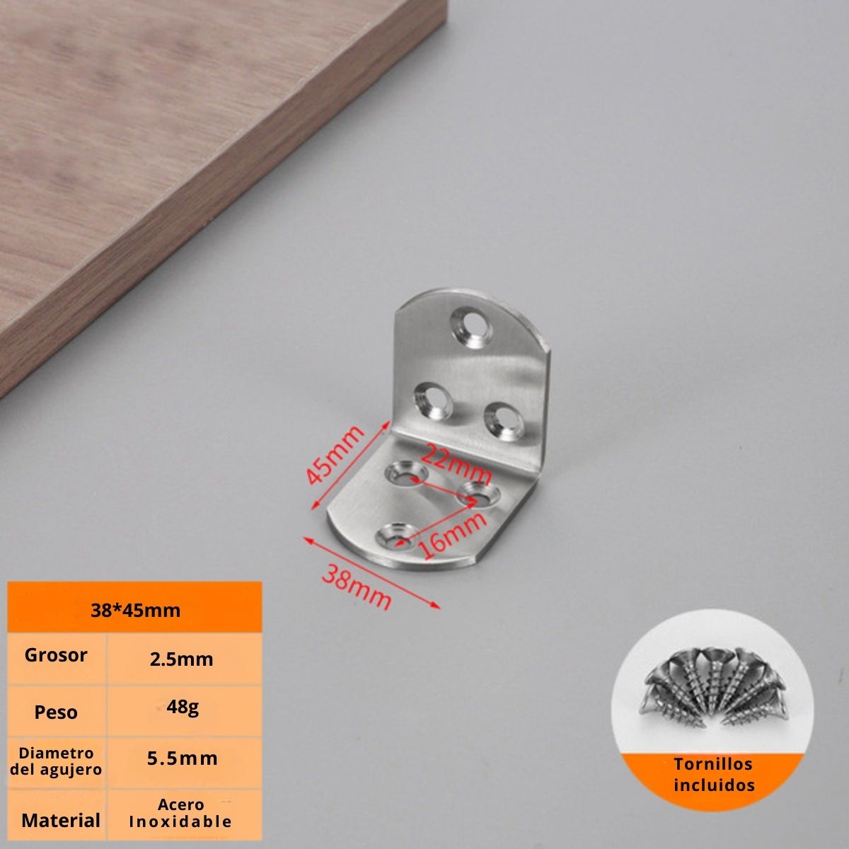 Escuadra De Acero Inoxidable 90º.2”x2”(50x50 x 38mm) 2.5mm espesor . Incluye Tornillos. Angulo